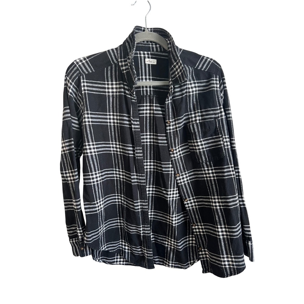 Hollister Mens Large‎ Black White Plaid Flannel Button Down Shirt Long Sleeve